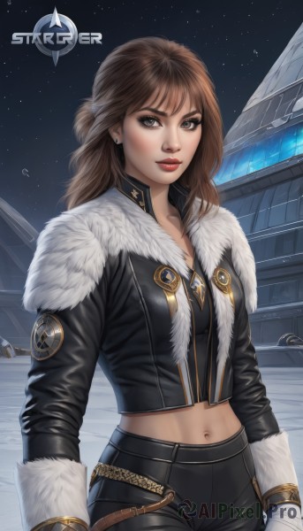 1girl,solo,long hair,breasts,looking at viewer,brown hair,gloves,navel,brown eyes,jewelry,medium breasts,jacket,earrings,outdoors,parted lips,sky,midriff,pants,white gloves,lips,black jacket,crop top,fur trim,makeup,night,black pants,lipstick,night sky,snow,half updo,freckles,cropped jacket,realistic,nose,logo,red lips,stud earrings,bangs,weapon,cowboy shot,artist name,holding weapon,star (sky),starry sky,leather