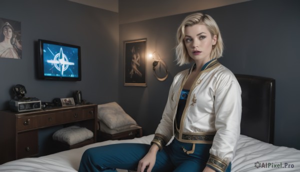 1girl,solo,looking at viewer,short hair,blue eyes,blonde hair,shirt,long sleeves,brown eyes,jewelry,sitting,jacket,multicolored hair,parted lips,open clothes,pants,indoors,open jacket,lips,pillow,bed,makeup,on bed,white jacket,denim,lipstick,jeans,realistic,camera,blue pants,lamp,photo (object),grey eyes,phone,cellphone,smartphone,bedroom