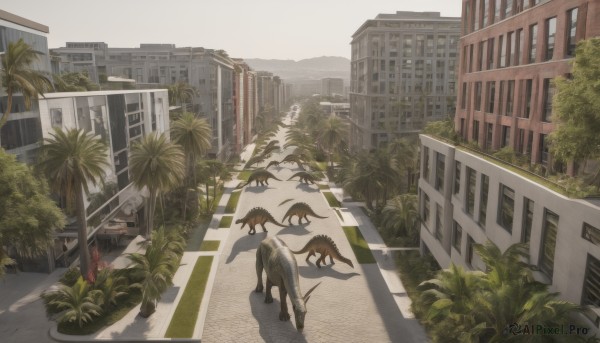 outdoors,sky,day,cloud,tree,no humans,window,shadow,plant,building,scenery,monster,city,palm tree,car,road,cityscape,street,skyscraper,crosswalk,animal,ground vehicle,motor vehicle