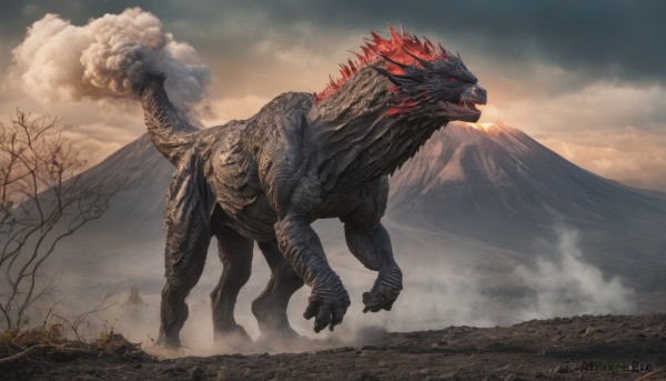 godzilla, open mouth, red eyes, tail, outdoors, sky, teeth, cloud, tree, no humans, cloudy sky, fire, sharp teeth, monster, mountain, scales, kaijuu