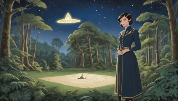 1girl,solo,smile,short hair,open mouth,brown hair,black hair,long sleeves,dress,jewelry,standing,closed eyes,outdoors,sky,star (symbol),tree,makeup,night,blue dress,shadow,glowing,own hands together,grass,plant,star (sky),nature,night sky,scenery,forest,starry sky,blue eyes,skirt,hair ornament,hairclip,lips,lipstick,long skirt