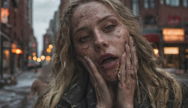 1girl,solo,long hair,looking at viewer,open mouth,blue eyes,blonde hair,jewelry,jacket,outdoors,teeth,blurry,lips,black jacket,grey eyes,blood,depth of field,blurry background,ring,portrait,freckles,realistic,hands on own face,artist name,ground vehicle,motor vehicle,blood on face,car,road,street