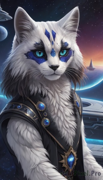 solo,looking at viewer,blue eyes,1boy,jewelry,closed mouth,upper body,male focus,outdoors,sky,artist name,signature,necklace,vest,no humans,night,animal,fangs,moon,cat,slit pupils,brooch,gem,star (sky),night sky,furry,pendant,starry sky,colored sclera,space,furry male,white fur,planet,whiskers,earth (planet),blue gemstone,black fur,fluffy,blue sclera,animal ears,cat ears,animal ear fluff,spacecraft