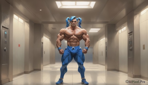 solo,looking at viewer,smile,open mouth,1boy,navel,twintails,nipples,blue hair,full body,male focus,shoes,teeth,pants,indoors,dark skin,muscular,thick thighs,abs,dark-skinned male,thick eyebrows,pectorals,tan,short twintails,muscular male,wristband,sneakers,bara,clenched hands,large pectorals,veins,bulge,topless male,blue footwear,door,blue pants,tight,manly,biceps,locker,obliques,thick arms,veiny arms,blue eyes,horns,facial hair,track pants,locker room,sweatpants