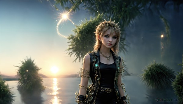 HQ,1girl,solo,long hair,breasts,looking at viewer,blue eyes,blonde hair,gloves,cleavage,jewelry,medium breasts,standing,collarbone,upper body,earrings,outdoors,parted lips,open clothes,sky,sleeveless,belt,water,necklace,vest,bracelet,tree,lips,black shirt,glowing,chain,ocean,sunlight,plant,gem,scenery,armlet,backlighting,sunset,circlet,realistic,nose,palm tree,sun,lake,braid,tiara,nature