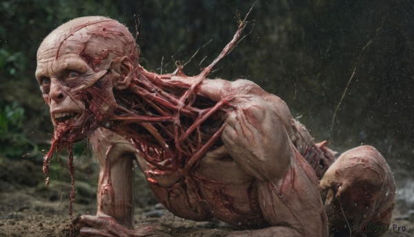 solo,looking at viewer,blue eyes,1boy,male focus,outdoors,teeth,blurry,no humans,blood,blurry background,all fours,veins,monster,realistic,bald,alien,guro,open mouth,tree,nature,forest,death,horror (theme)