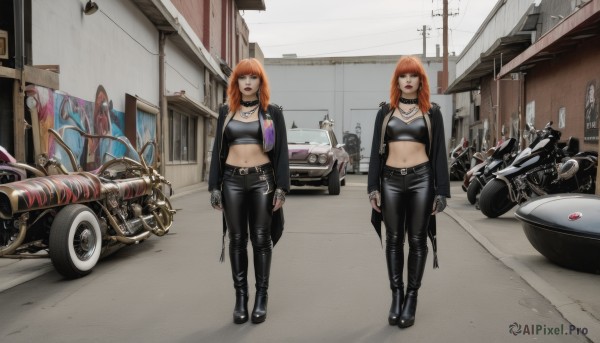 long hair,breasts,looking at viewer,bangs,multiple girls,large breasts,gloves,navel,2girls,cleavage,brown eyes,jewelry,medium breasts,standing,jacket,full body,boots,outdoors,open clothes,choker,day,black gloves,midriff,pants,fingerless gloves,medium hair,necklace,black footwear,orange hair,open jacket,coat,black jacket,crop top,tattoo,siblings,black pants,ground vehicle,building,motor vehicle,twins,jacket on shoulders,car,road,leather,motorcycle,street,leather jacket,leather pants,1girl,belt,multiple views,black choker,variations