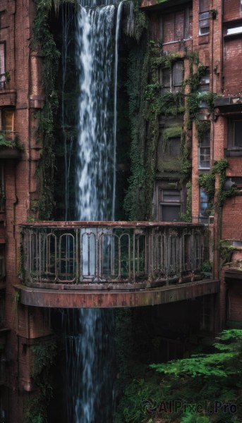 outdoors,day,water,tree,no humans,window,plant,building,scenery,stairs,door,ruins,vines,bridge,waterfall,arch,moss,overgrown,fantasy,house,industrial pipe