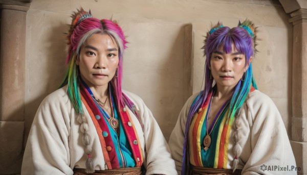 long hair,looking at viewer,bangs,multiple girls,hair ornament,2girls,brown eyes,jewelry,closed mouth,upper body,pink hair,purple hair,braid,white hair,multicolored hair,earrings,multiple boys,2boys,necklace,hair bun,black eyes,two-tone hair,lips,chinese clothes,realistic,hanfu,old woman,1girl,green hair,twin braids,cosplay,double bun