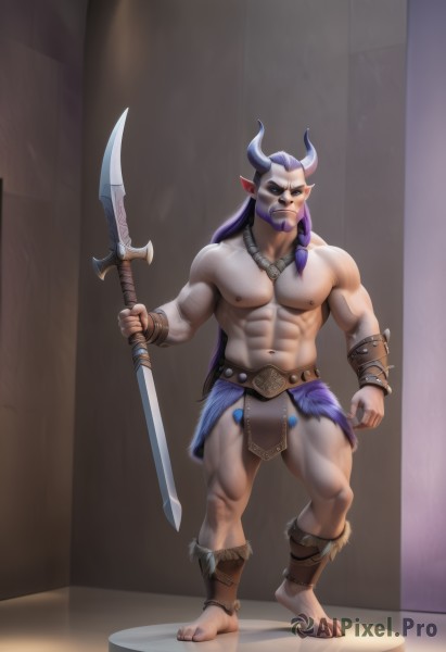 solo,long hair,looking at viewer,1boy,navel,holding,jewelry,nipples,standing,full body,weapon,purple hair,male focus,thighs,horns,barefoot,pointy ears,sword,necklace,stomach,holding weapon,muscular,facial hair,thick thighs,holding sword,abs,pectorals,muscular male,bara,pelvic curtain,beard,large pectorals,bulge,topless male,mature male,mustache,fake horns,bare pectorals,chest hair,loincloth,navel hair,blush,underwear,polearm,male underwear,holding polearm