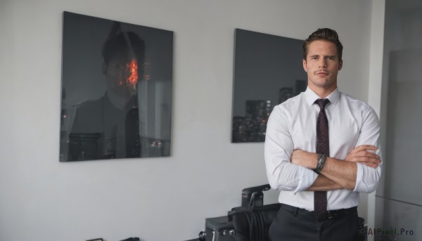 solo,looking at viewer,smile,short hair,brown hair,shirt,black hair,long sleeves,1boy,jewelry,standing,white shirt,male focus,cowboy shot,necktie,collared shirt,belt,pants,indoors,black eyes,dress shirt,facial hair,black pants,crossed arms,black necktie,beard,sleeves rolled up,watch,realistic,wristwatch,suitcase,photo background,arm hair,reference inset,closed mouth,muscular,fire,mature male,stubble,salaryman