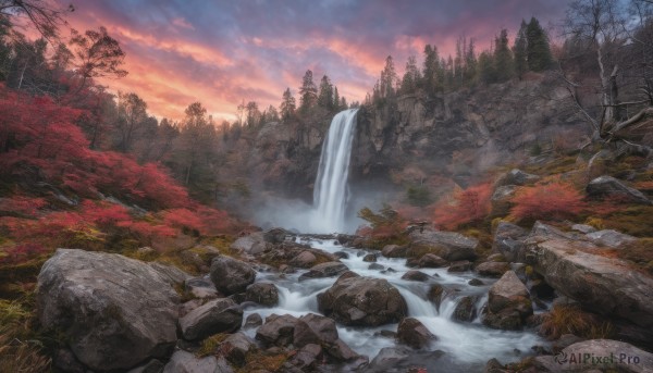 outdoors, sky, cloud, water, tree, no humans, nature, scenery, forest, sunset, rock, mountain, autumn leaves, river, autumn, waterfall, landscape