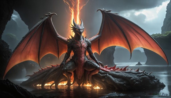 HQ,solo,open mouth,tail,outdoors,wings,horns,sky,teeth,cloud,water,no humans,glowing,squatting,cloudy sky,fire,sharp teeth,glowing eyes,claws,spikes,dragon horns,monster,dragon girl,mountain,dragon,dragon tail,scales,lightning,dragon wings,breathing fire,molten rock,red eyes,rock,fantasy,giant,demon,large wings,kaijuu