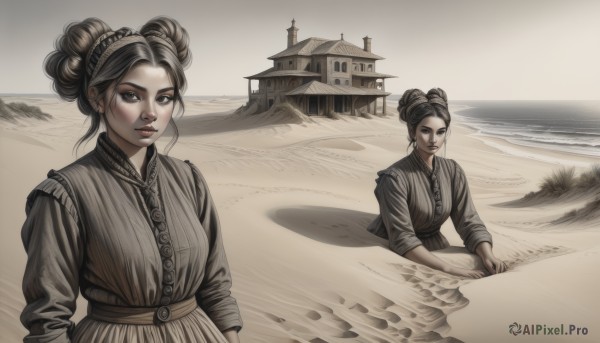 1girl,looking at viewer,multiple girls,black hair,long sleeves,dress,2girls,jewelry,closed mouth,upper body,hairband,earrings,outdoors,day,hair bun,lips,double bun,multiple views,beach,single hair bun,building,realistic,sand,desert,fine art parody,brown hair,brown eyes,monochrome,water,mole,ocean,parody,sepia,brown theme