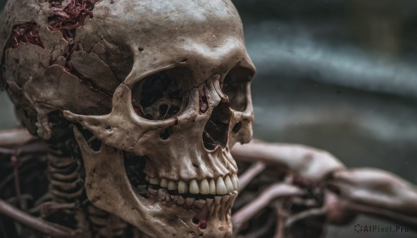 solo,1boy,male focus,teeth,blurry,no humans,blurry background,1other,skull,realistic,skeleton,bone,blood,depth of field,portrait,ribs,horror (theme)