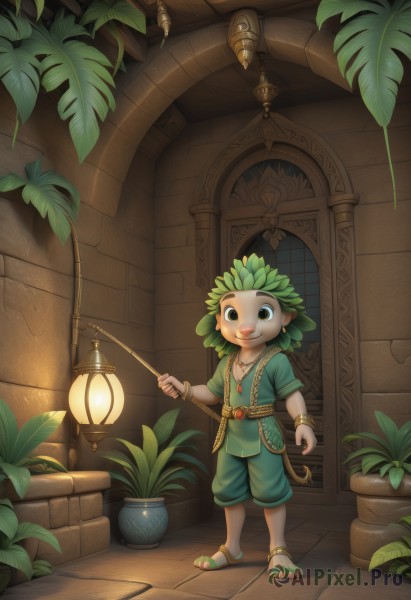 solo,looking at viewer,smile,open mouth,1boy,holding,brown eyes,jewelry,standing,full body,short sleeves,male focus,earrings,green hair,indoors,necklace,black eyes,bracelet,window,leaf,sandals,plant,child,lantern,door,potted plant,lamp,male child,green eyes,tail,artist name,anklet