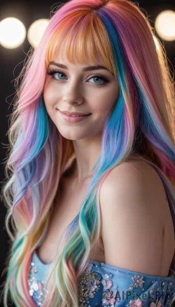 1girl,solo,long hair,breasts,looking at viewer,smile,bangs,blue eyes,blonde hair,shirt,cleavage,bare shoulders,medium breasts,blue hair,upper body,pink hair,multicolored hair,artist name,blunt bangs,off shoulder,mole,two-tone hair,lips,looking to the side,eyelashes,gradient hair,makeup,floral print,blue shirt,eyeshadow,freckles,realistic,nose,off-shoulder shirt,eyeliner,mascara,rainbow hair,parted lips,teeth,blurry,streaked hair,aqua hair,watermark,wavy hair,web address,bokeh