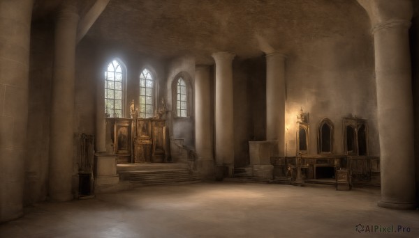 HQ,indoors,no humans,window,sunlight,scenery,light rays,stairs,door,light,candle,architecture,pillar,hallway,church,arch,column,book,chair,table,fire,fantasy,sepia,torch,fireplace