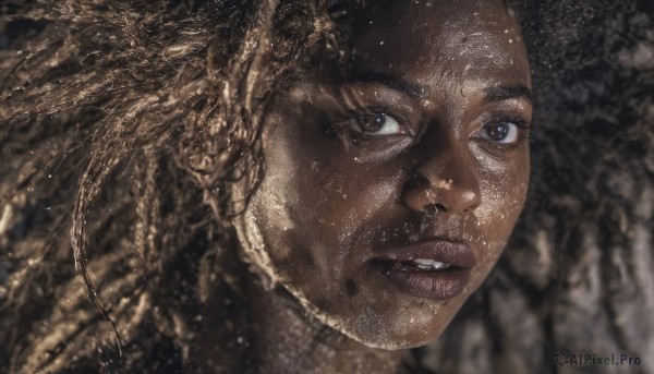 1girl,solo,long hair,looking at viewer,brown hair,black hair,brown eyes,parted lips,teeth,dark skin,blurry,dark-skinned female,lips,portrait,close-up,realistic,nose,1boy,male focus,freckles