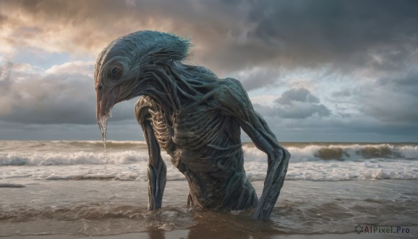 outdoors, sky, cloud, water, no humans, ocean, beach, cloudy sky, monster, realistic, alien