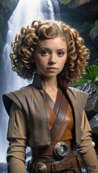 1girl,solo,looking at viewer,blue eyes,blonde hair,brown hair,long sleeves,brown eyes,jacket,upper body,parted lips,open clothes,belt,dark skin,water,blurry,vest,open jacket,dark-skinned female,lips,eyelashes,makeup,buckle,curly hair,pouch,realistic,nose,belt pouch,waterfall,twintails,leaf,animification