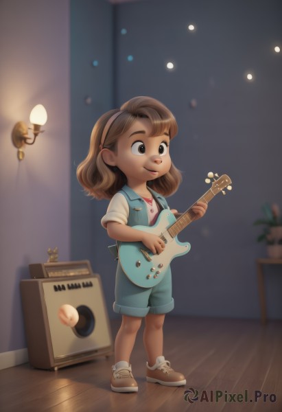 1girl,solo,smile,short hair,brown hair,shirt,holding,brown eyes,standing,full body,white shirt,short sleeves,hairband,shoes,shorts,indoors,medium hair,blurry,blurry background,brown footwear,instrument,child,blue shorts,wooden floor,music,guitar,female child,overalls,playing instrument,holding instrument,electric guitar,speaker,overall shorts,vest,lips,sneakers,box,light bulb,acoustic guitar