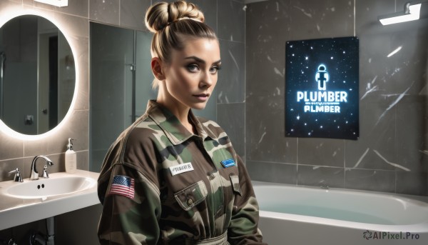 1girl,solo,looking at viewer,short hair,blonde hair,brown hair,black hair,brown eyes,jacket,upper body,artist name,indoors,hair bun,uniform,lips,military,window,military uniform,makeup,single hair bun,pocket,mirror,realistic,nose,logo,tiles,bathroom,camouflage,tile wall,american flag,sink,camouflage jacket,signature,soldier