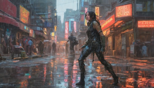 The allure of a cyborg in a dynamic rainy outdoors