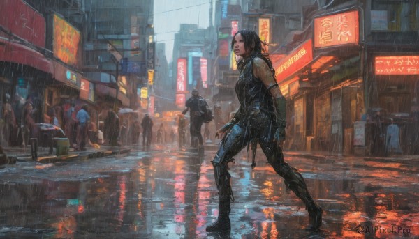 1girl,looking at viewer,short hair,black hair,gloves,standing,weapon,boots,outdoors,multiple boys,solo focus,pants,gun,tattoo,night,umbrella,ground vehicle,building,motor vehicle,reflection,science fiction,rain,6+boys,city,realistic,car,road,cyborg,street,puddle,cyberpunk,neon lights,people,multiple girls,shirt,bare shoulders,jewelry,jacket,full body,sleeveless,black gloves,medium hair,black footwear,lips,wet,sleeveless shirt,black pants,denim,scenery,sign,cityscape,arm tattoo,multiple others,crowd,city lights