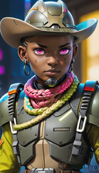 1girl,solo,looking at viewer,short hair,brown hair,black hair,hat,jewelry,upper body,earrings,belt,dark skin,pink eyes,scarf,armor,official alternate costume,dark-skinned female,lips,makeup,blurry background,facial mark,helmet,eyeshadow,freckles,hoop earrings,breastplate,animification,undercut,cowboy hat,very dark skin,dreadlocks,closed mouth,purple eyes,artist name,blurry,eyelashes,backlighting,serious,nose,facepaint,very short hair,strap,power armor,bandolier