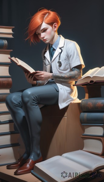 1girl,solo,short hair,shirt,long sleeves,holding,sitting,closed mouth,full body,short sleeves,red hair,necktie,shoes,collared shirt,pants,orange hair,lips,book,tattoo,makeup,brown footwear,loafers,holding book,blue necktie,open book,realistic,nose,labcoat,blue pants,reading,layered sleeves,short over long sleeves,book stack,stethoscope,doctor,looking at viewer,blush,blue eyes,brown eyes,blue shirt,denim,freckles,jeans