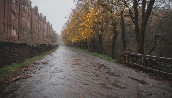 outdoors,sky,day,tree,no humans,window,leaf,grass,building,nature,scenery,fence,road,bench,bush,autumn leaves,house,autumn,path,cloud,plant,forest,realistic,railing,bridge,bare tree