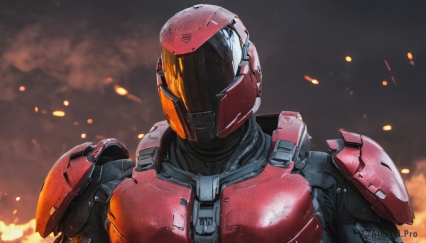 solo,1boy,upper body,male focus,armor,helmet,fire,smoke,science fiction,realistic,straight-on,power armor,embers,portrait,red armor