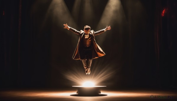 solo,smile,shirt,black hair,long sleeves,1boy,hat,jacket,male focus,pants,coat,facial hair,sunglasses,outstretched arms,light,trench coat,stage,spotlight,bowtie,parody,formal,suit,floating,jumping,spread arms,dark,stage lights