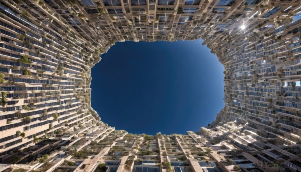 outdoors,sky,day,cloud,tree,blue sky,no humans,sunlight,building,scenery,city,sun,ruins,skyscraper,overgrown,real world location,post-apocalypse