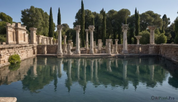 outdoors,sky,day,water,tree,blue sky,no humans,building,nature,scenery,forest,reflection,bridge,pillar,river,lake,arch,column,reflective water,plant,fantasy,ruins