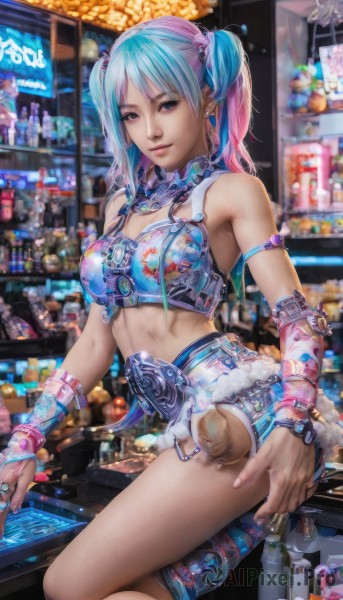 1girl,solo,breasts,looking at viewer,smile,blue eyes,bare shoulders,twintails,jewelry,medium breasts,blue hair,pink hair,multicolored hair,earrings,boots,shorts,midriff,nail polish,two-tone hair,lips,crop top,fingernails,aqua hair,gradient hair,pink nails,realistic,watermark,ring,bottle,arm warmers,shop