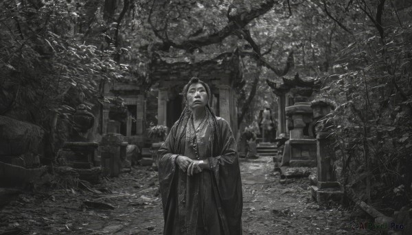 solo,long hair,long sleeves,1boy,jewelry,standing,monochrome,greyscale,male focus,outdoors,wide sleeves,necklace,tree,mask,facial hair,own hands together,plant,nature,scenery,facing viewer,beads,robe,stairs,bead necklace,statue,praying,prayer beads,stone lantern,japanese clothes,bracelet,no humans,forest,torii,shrine