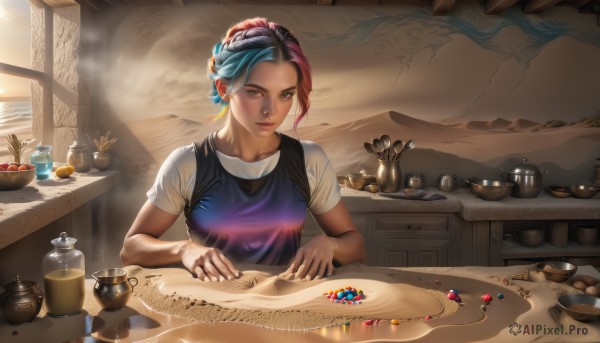 1girl,solo,breasts,looking at viewer,short hair,shirt,black hair,hair ornament,brown eyes,jewelry,medium breasts,closed mouth,blue hair,white shirt,upper body,pink hair,braid,short sleeves,multicolored hair,indoors,apron,two-tone hair,lips,window,table,sunlight,ring,plant,t-shirt,gem,steam,realistic,nose,jar,map,food,artist name,fruit,bowl,basket