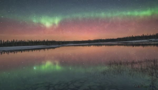 outdoors,sky,cloud,water,tree,no humans,night,grass,star (sky),nature,night sky,scenery,forest,starry sky,reflection,road,river,lake,path,reflective water,aurora,milky way