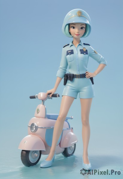 1girl,solo,looking at viewer,smile,short hair,simple background,shirt,black hair,hat,brown eyes,standing,full body,shoes,shorts,belt,dark skin,uniform,black eyes,high heels,dark-skinned female,lips,hand on hip,legs,short shorts,blue background,helmet,blue shirt,ground vehicle,motor vehicle,sleeves rolled up,blue headwear,pocket,pouch,holster,motorcycle,police,police uniform,policewoman,scooter,green hair,water