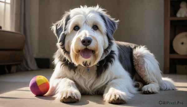 HQ,solo,open mouth,blue eyes,day,tongue,indoors,tongue out,blurry,no humans,window,animal,fangs,chair,stuffed toy,table,stuffed animal,curtains,ball,dog,teddy bear,realistic,beachball,animal focus,looking at viewer,brown eyes,jewelry,sitting,full body,necklace,collar,depth of field,blurry background,shadow,sunlight,claws,pendant,white fur,toy,puppy