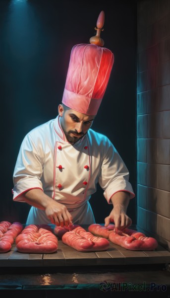 solo,short hair,black hair,1boy,hat,closed mouth,male focus,food,indoors,black eyes,buttons,facial hair,beard,realistic,mustache,double-breasted,meat,tomato,chef hat,chef,steak,looking at viewer,holding,one eye closed,apron,knife,veins