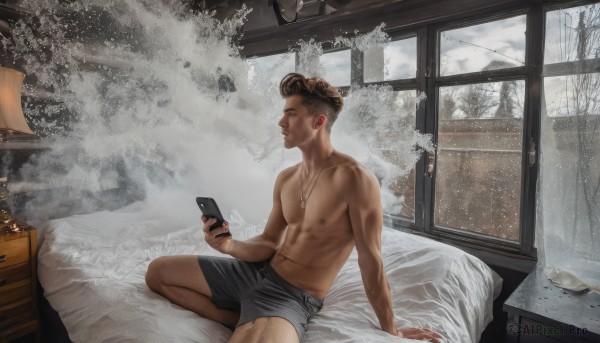 solo,short hair,brown hair,1boy,navel,holding,jewelry,sitting,closed mouth,underwear,nipples,male focus,earrings,indoors,necklace,tree,pillow,window,bed,muscular,arm support,on bed,phone,abs,underwear only,cellphone,pectorals,curtains,muscular male,smartphone,snow,holding phone,toned,topless male,snowing,realistic,lamp,male underwear,bedroom,undercut,earphones,winter,toned male,bare tree,briefs,drawer,boxers,looking at phone,black male underwear,boxer briefs,blue eyes,artist name