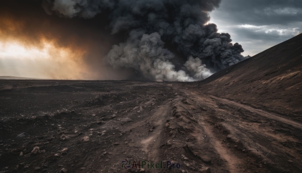 outdoors,sky,cloud,military,dutch angle,no humans,ocean,cloudy sky,fire,scenery,smoke,realistic,military vehicle,explosion,ship,dust,sand,horizon,landscape