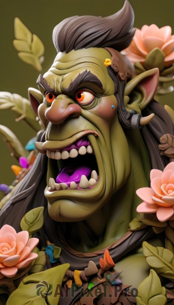 solo,long hair,open mouth,black hair,hair ornament,red eyes,1boy,jewelry,flower,male focus,earrings,teeth,tongue,pointy ears,orange eyes,colored skin,fangs,thick eyebrows,portrait,pink flower,green skin,orc,grey hair,facial hair,leaf,mohawk,tusks