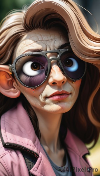 1girl,solo,long hair,looking at viewer,brown hair,shirt,brown eyes,closed mouth,jacket,parted lips,blurry,lips,makeup,depth of field,blurry background,goggles,portrait,close-up,veins,realistic,nose,pink jacket,upper body,glasses,pointy ears,artist name,vest,eyelashes,tattoo,watermark,wavy hair,sunglasses,web address,zipper