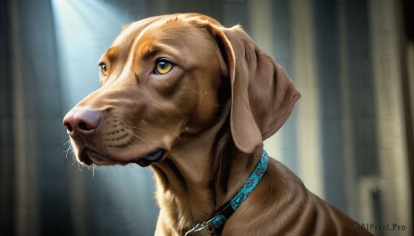 HQ,solo,yellow eyes,artist name,indoors,signature,blurry,collar,no humans,blurry background,animal,cat,looking up,portrait,close-up,dog,realistic,animal focus,whiskers,closed mouth,sweat,clothed animal