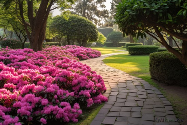 flower,outdoors,day,tree,no humans,sunlight,grass,plant,cherry blossoms,nature,scenery,pink flower,forest,road,bush,landscape,path,pavement,field,garden