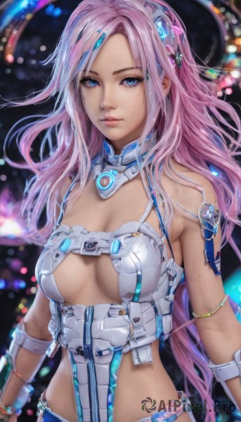 1girl,solo,long hair,breasts,looking at viewer,bangs,blue eyes,hair ornament,cleavage,bare shoulders,jewelry,medium breasts,upper body,pink hair,multicolored hair,bracelet,lips,revealing clothes,science fiction,realistic,headgear,armlet